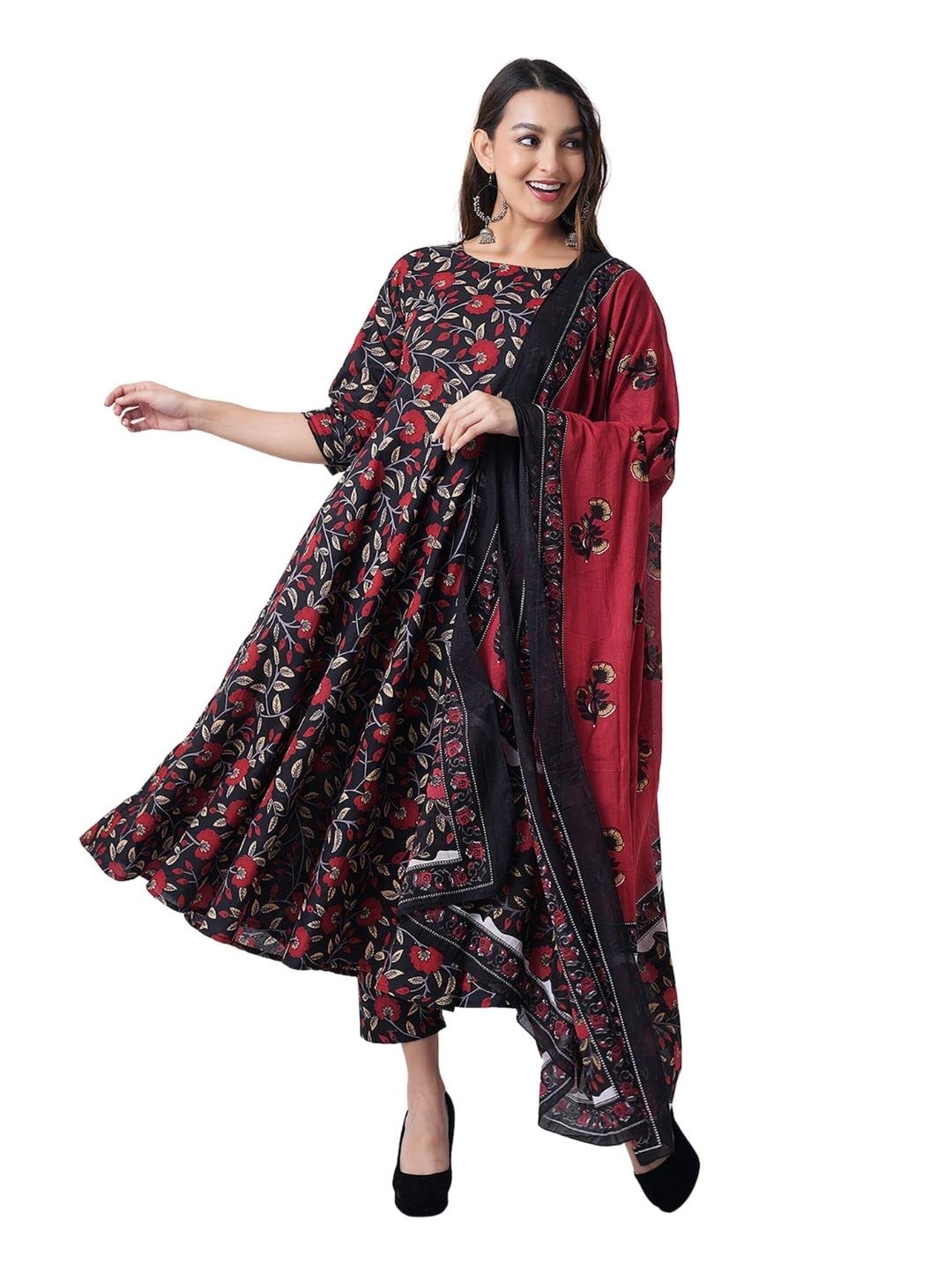 Women's Rayon Printed Black Anarkali Kurta with Palazzos Pants and Dupatta Set