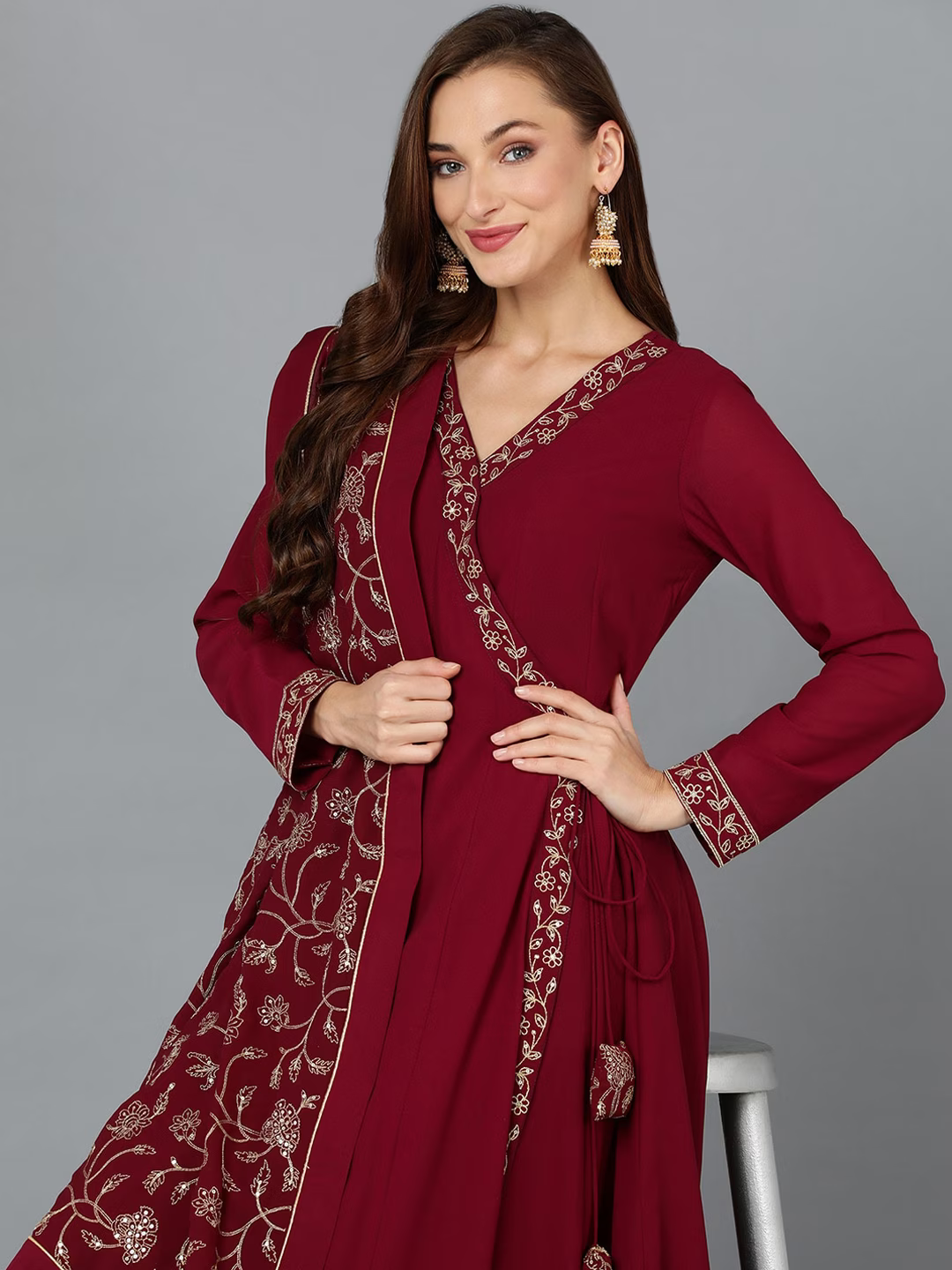 Maroon Floral Yoke Design Thread Work Angrakha Anarkali Kurta & Trouser With Dupatta