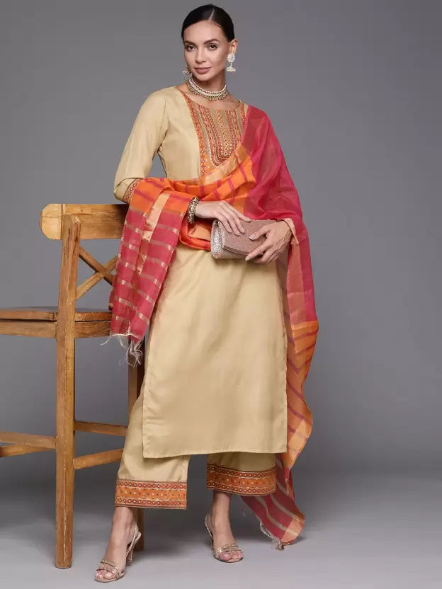 Women Beige Cotton Blend Kurta Palazzo Set