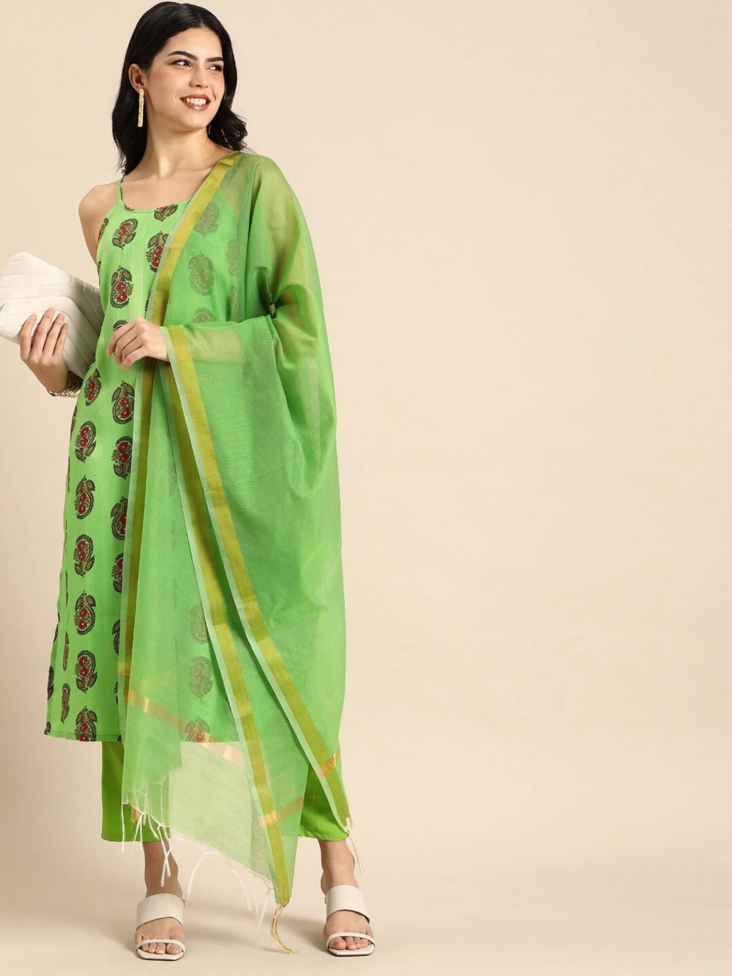 Women Green Polyester Kurta Pant Set