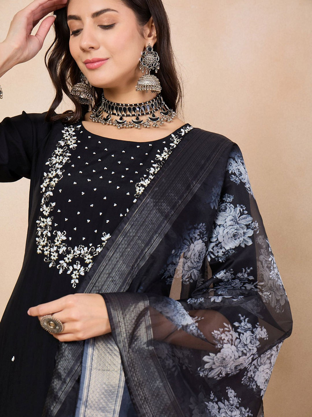 Black Ethnic Motifs Embroidered Chanderi Silk Straight Kurta & Trouser With Dupatta