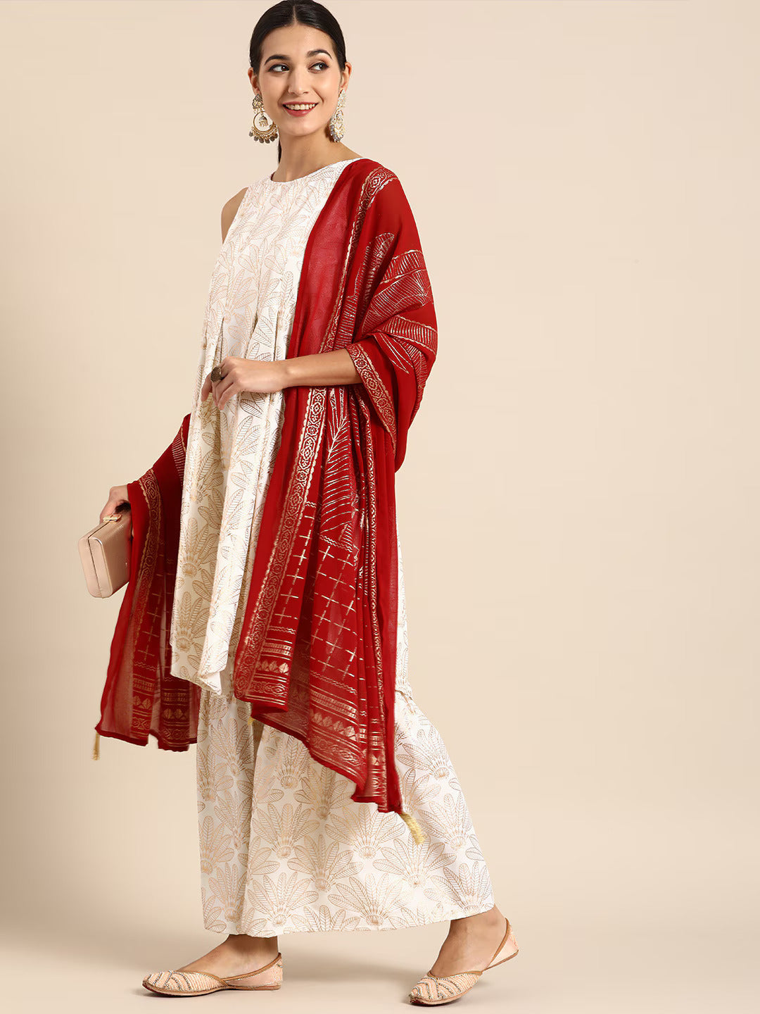 Women Off White & Gold-Toned Floral Print Pleated Kurta with Sharara & With Dupatta