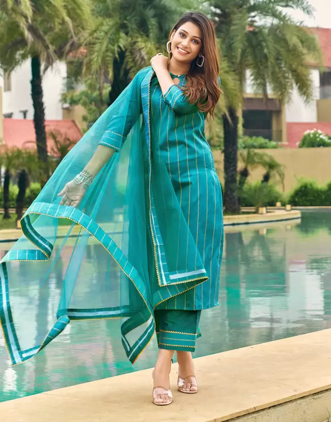 Women Blue Art Silk Kurta Palazzo Dupatta Set