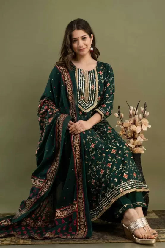 Women Green Cotton Rayon Kurta Pant Dupatta Set