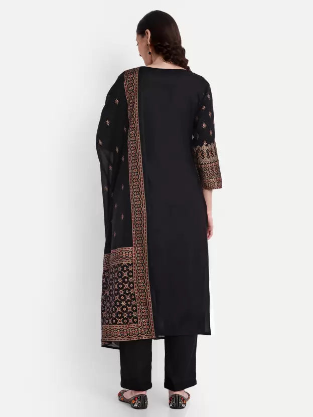 Women Black 3/4 sleeves Viscose Rayon Kurta Pant Dupatta Set