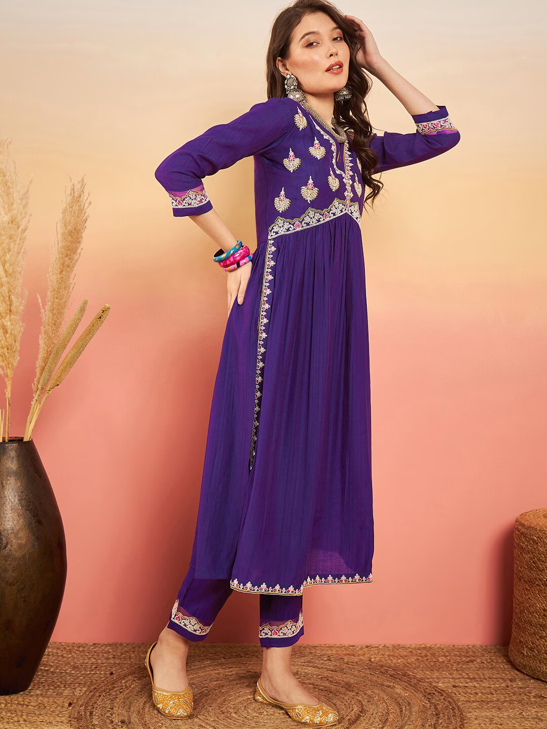 Embroidered Purple Kurta Set