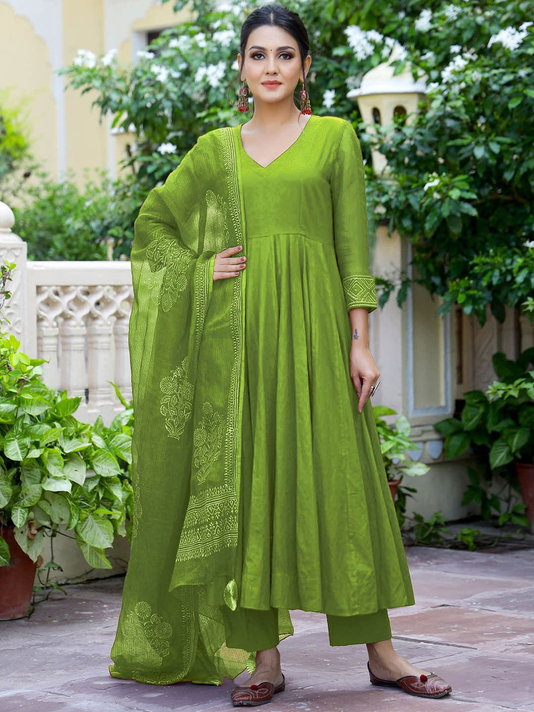 V Neck Empire Anarkali Kurta with Trouser & Dupatta