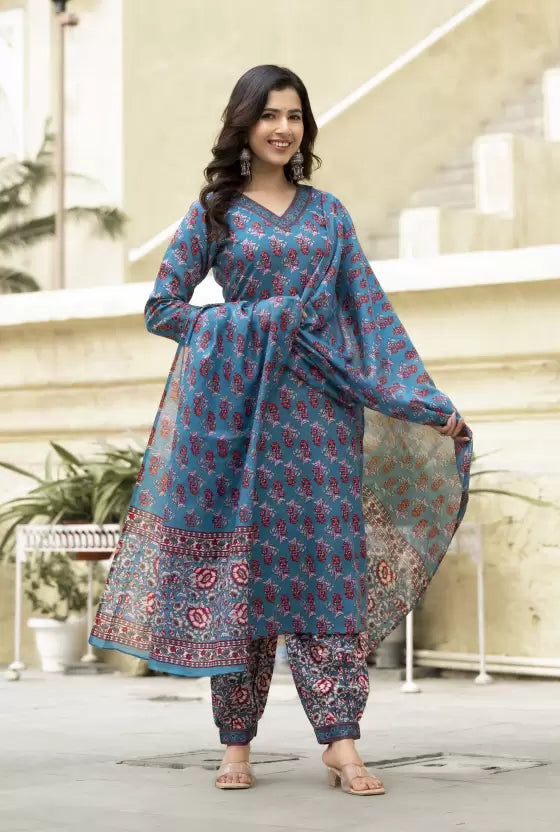 Women Blue Viscose Rayon Kurta Pant Dupatta Set