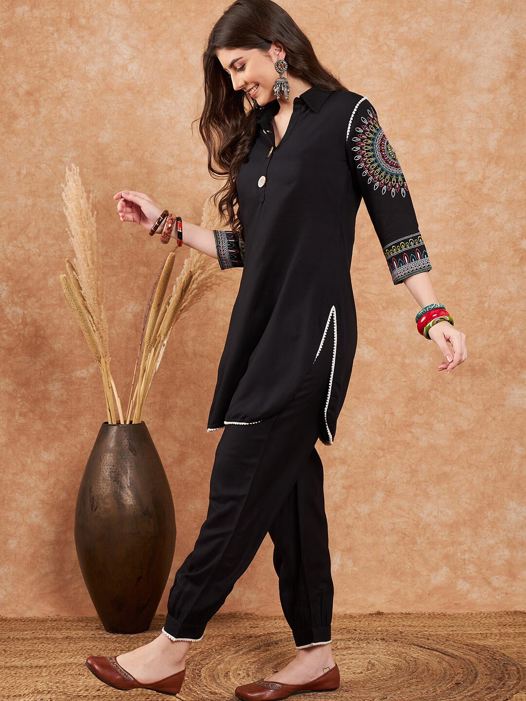 Black Ethnic Motifs Embroidered Pathani Kurta With Salwar