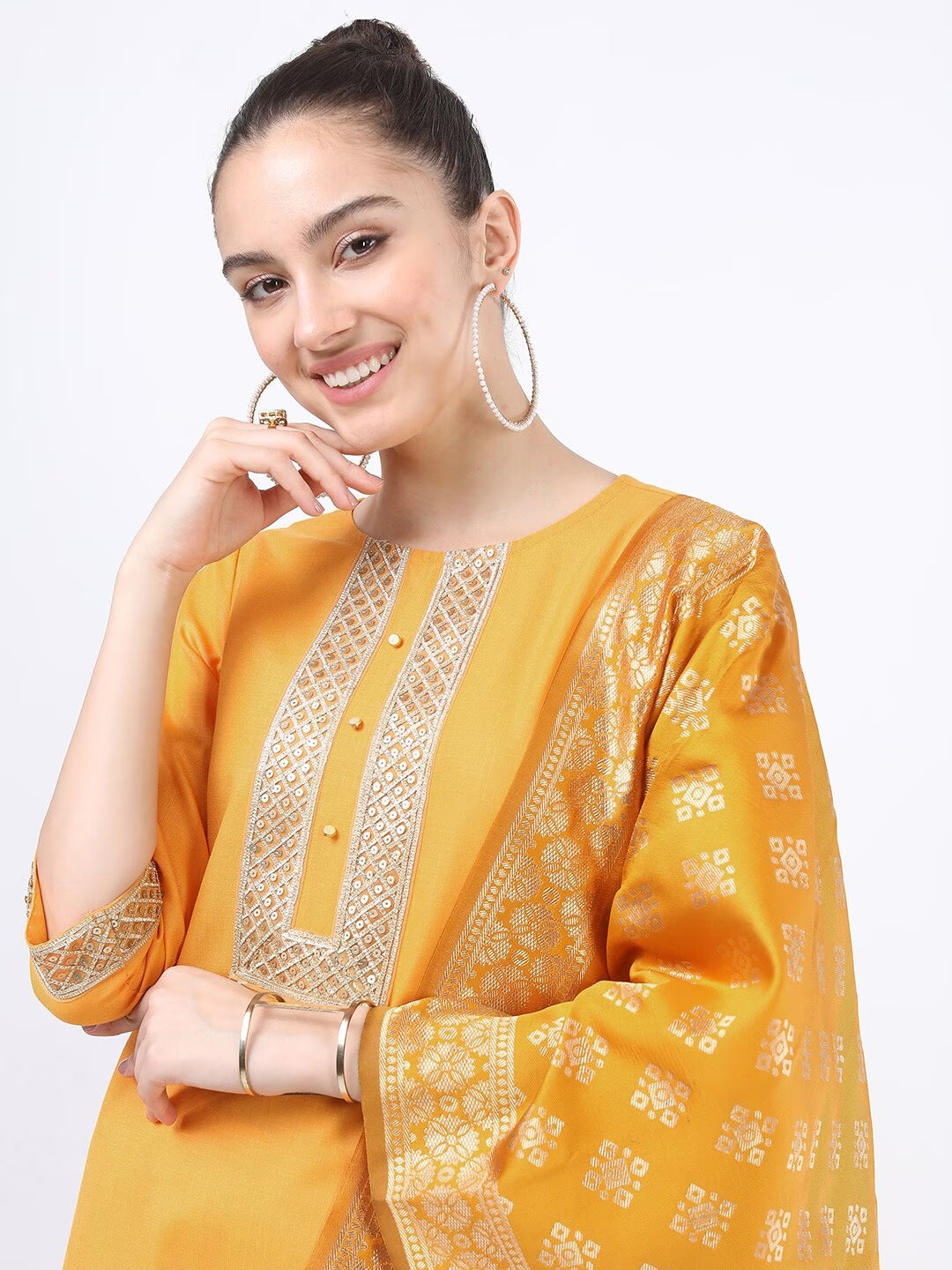 Women Yellow Kurta with Palazzos & With Dupatta