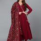 Maroon Floral Yoke Design Thread Work Angrakha Anarkali Kurta & Trouser With Dupatta