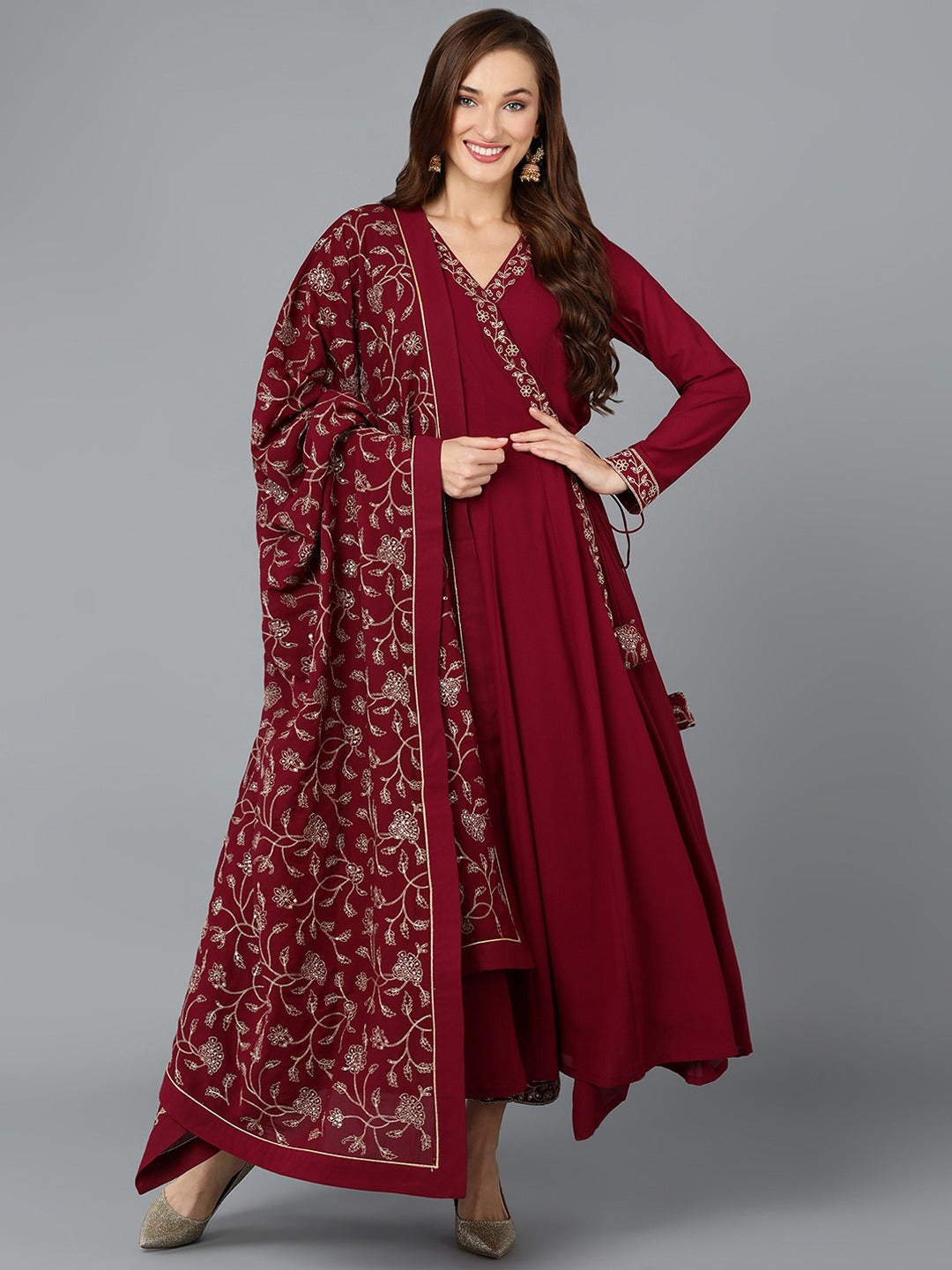 Maroon Floral Yoke Design Thread Work Angrakha Anarkali Kurta & Trouser With Dupatta