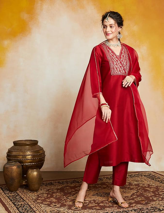 Women's Embroidered Kurta Set with Organza Dupatta