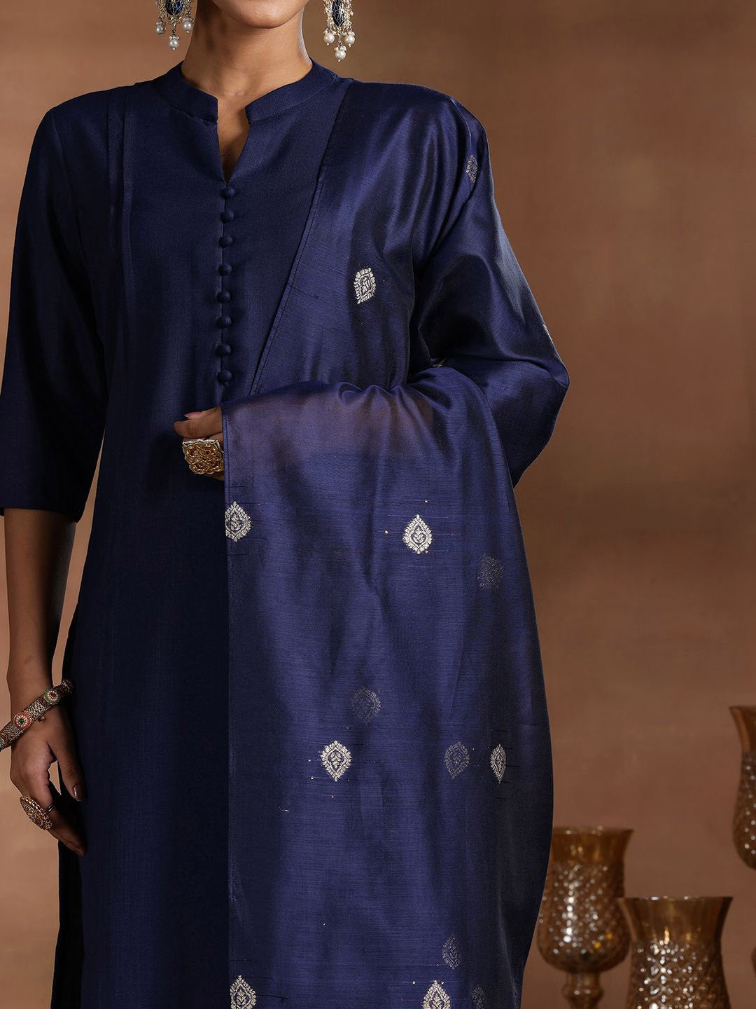 Mandarin Collar Pleated Straight Kurta with Trousers & Dupatta