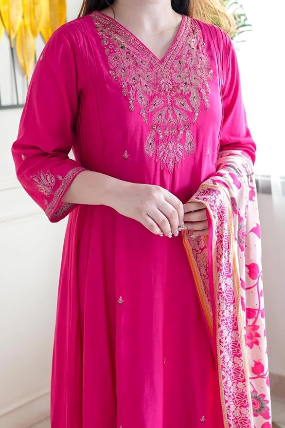 Women Silk Embroidery Kurta and Pant Set with Dupatta