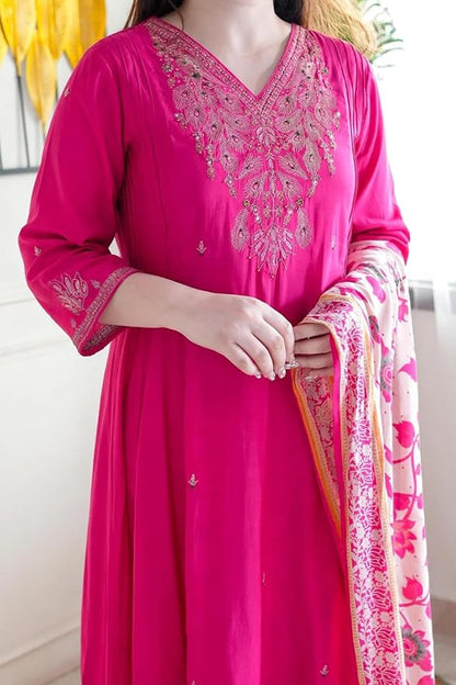 Women Silk Embroidery Kurta and Pant Set with Dupatta