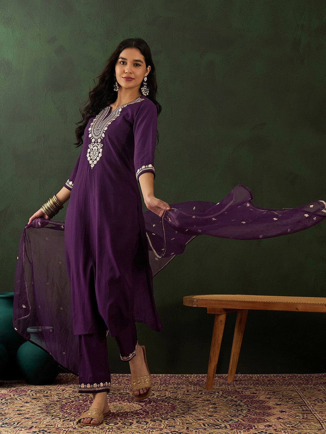 Magenta Floral Embroidered Notch Neck Straight Kurta With Trouser & Dupatta