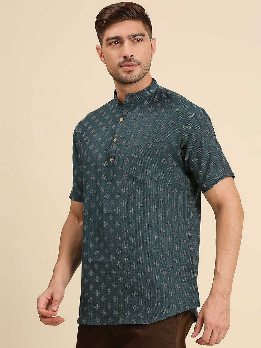 Men Geometric Woven Design Pastels Cotton Kurta