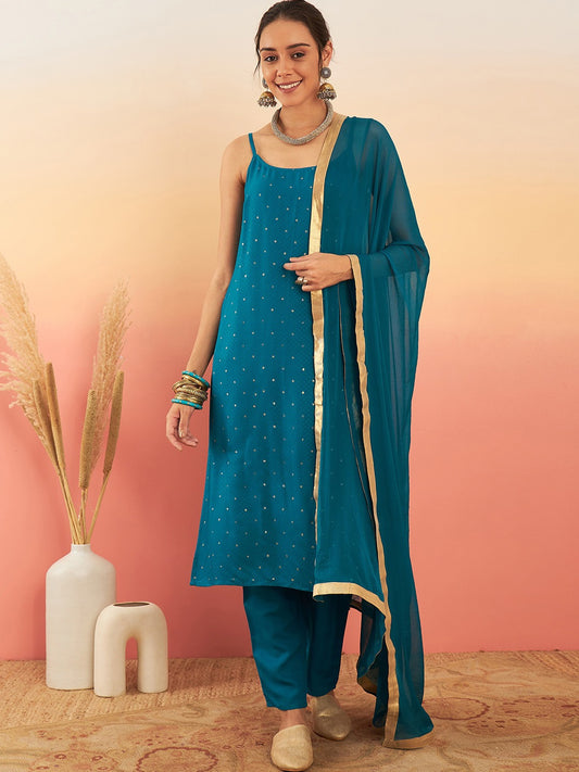 Shoulder Straps Straight Kurta With Trouser & Dupatta