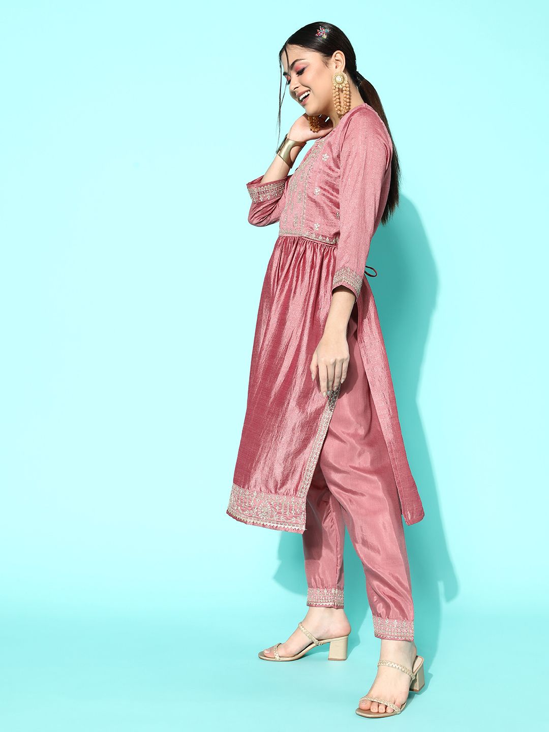 Women Pink Ethnic Motifs Embroidered Sequinned Kurta With Trousers & Dupatta