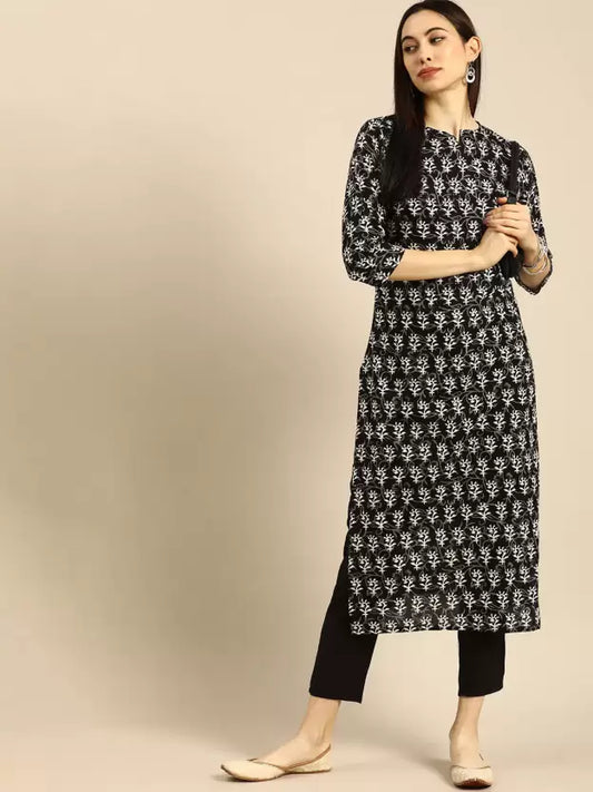 Women Black Printed Rayon Kurta Pant Set