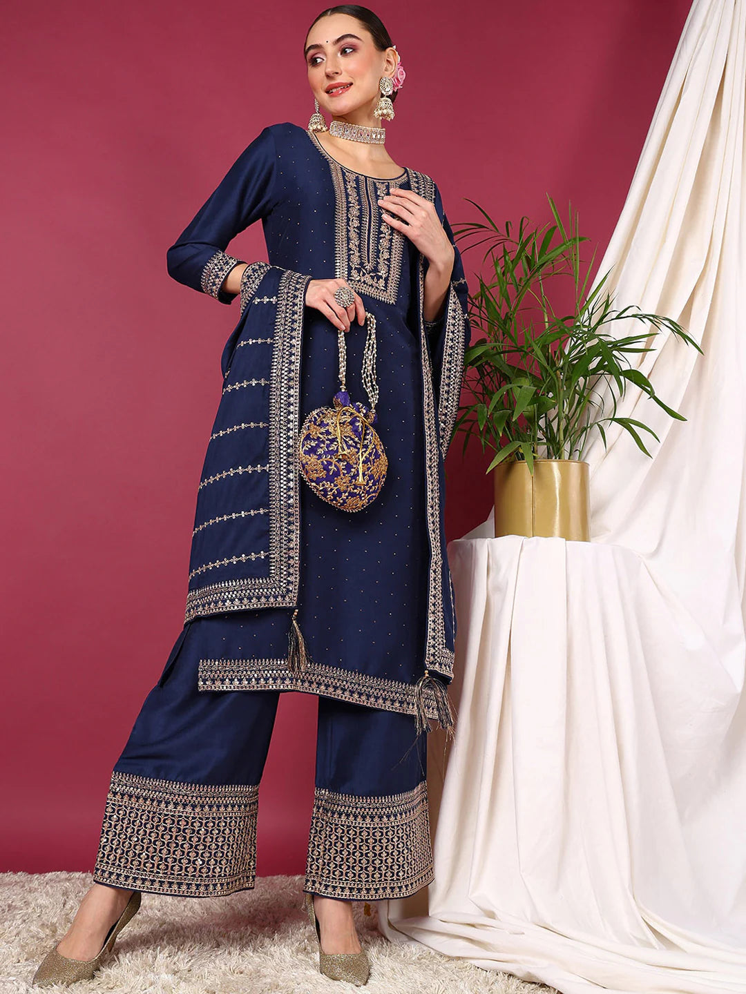 Blue Ethnic Motifs Embroidered Regular Gotta Patti Kurta With Palazzos & Dupatta