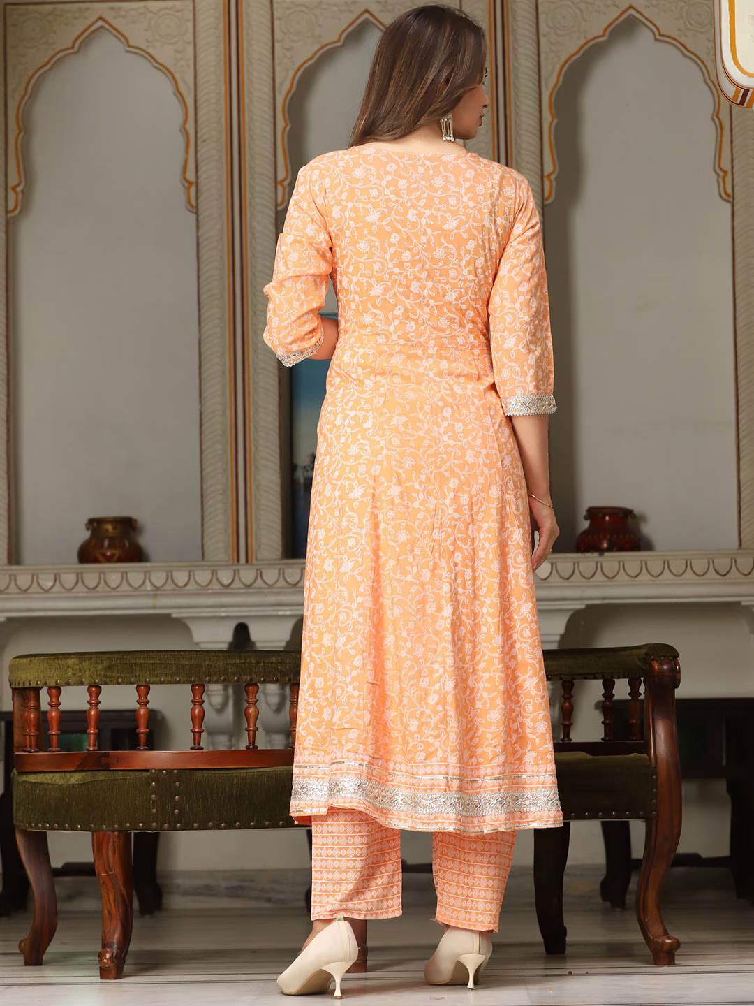 Floral Printed Mirror Work Anarkali Kurta & Trousers With Dupatta