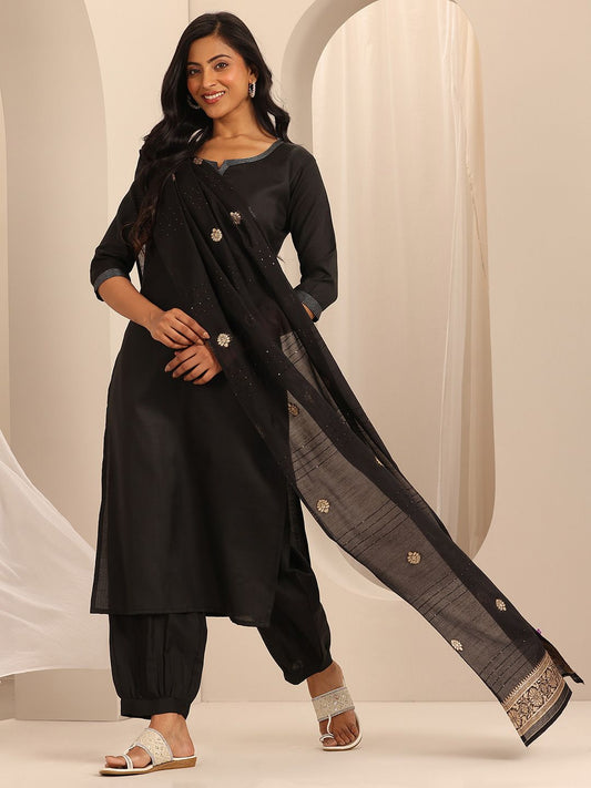 Notch Neck Zari Straight Kurta with Salwar & Dupatta
