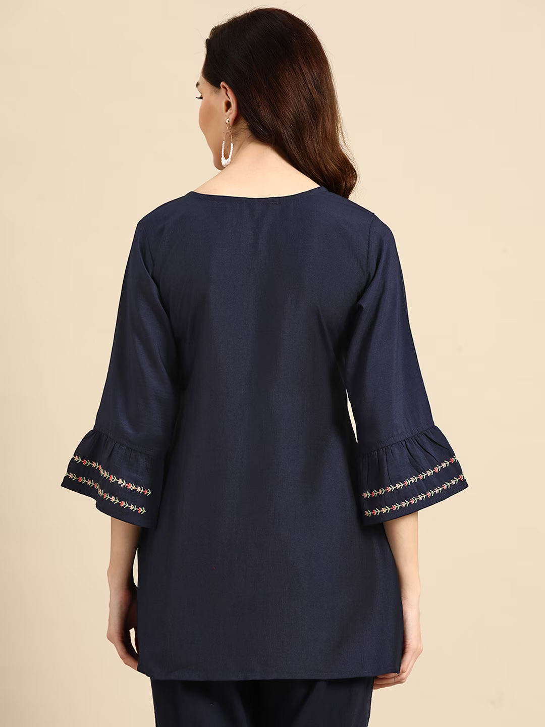 Navy Blue Embroidered Bell Sleeves Longline Top
