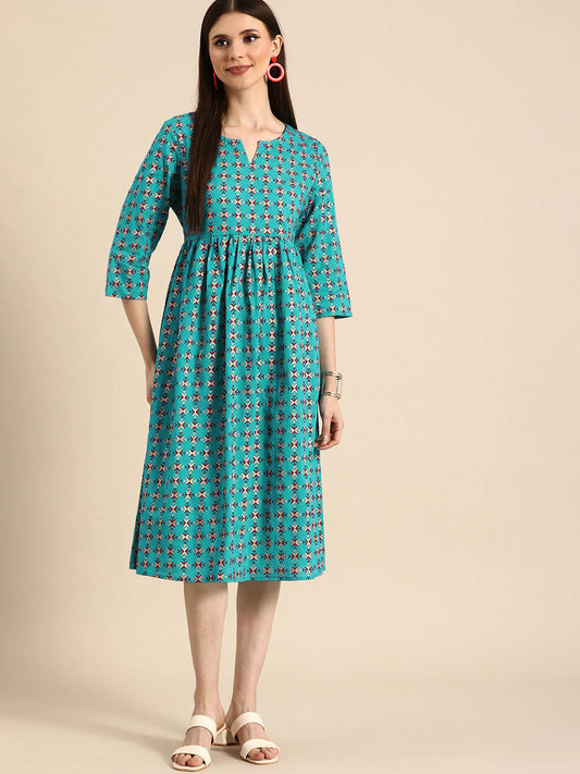 Women Blue & Red Printed Pure Cotton Pleated Ethnic A-Line Dress