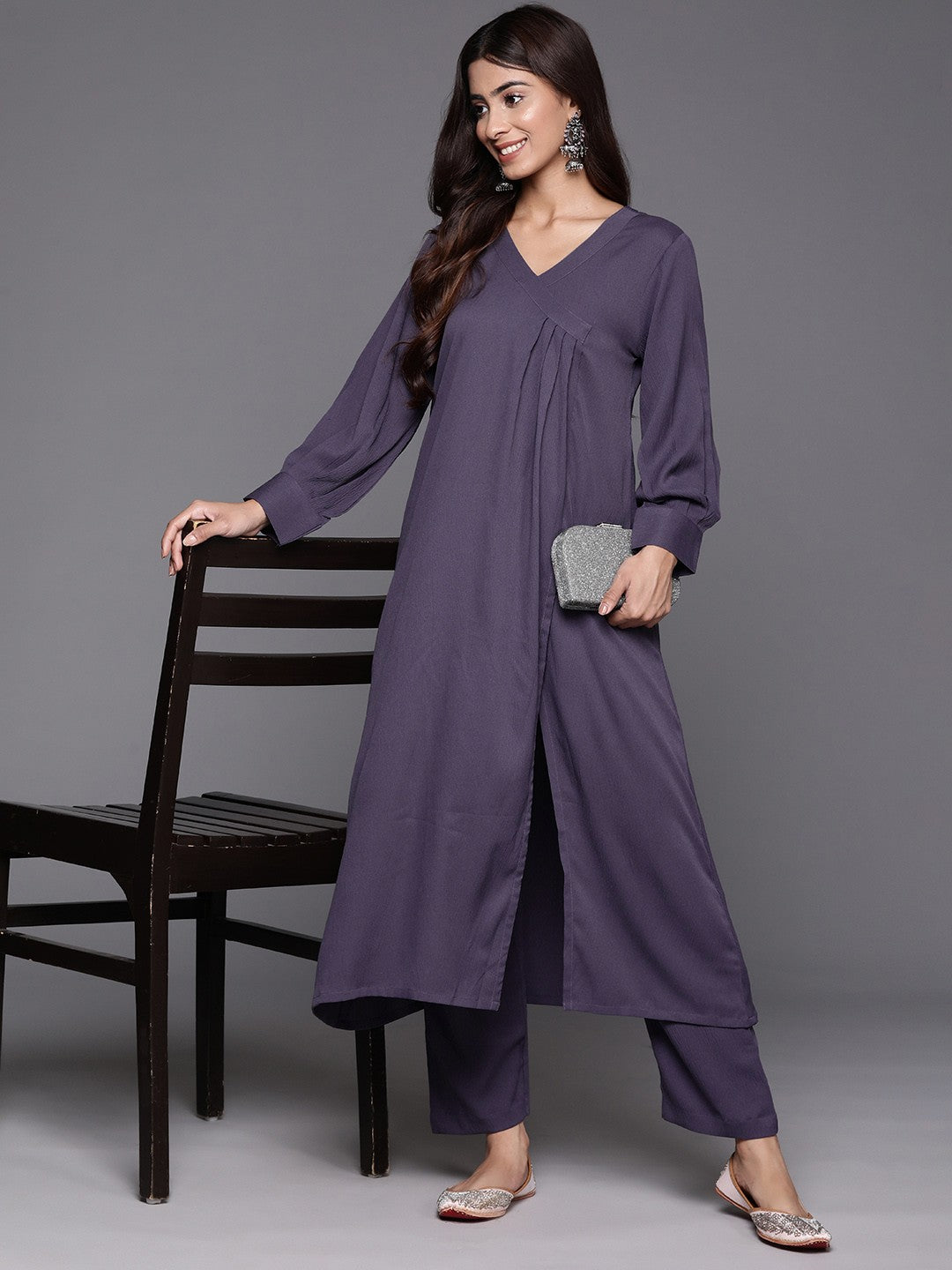 Women Angrakha Silk Crepe Kurta with Trousers