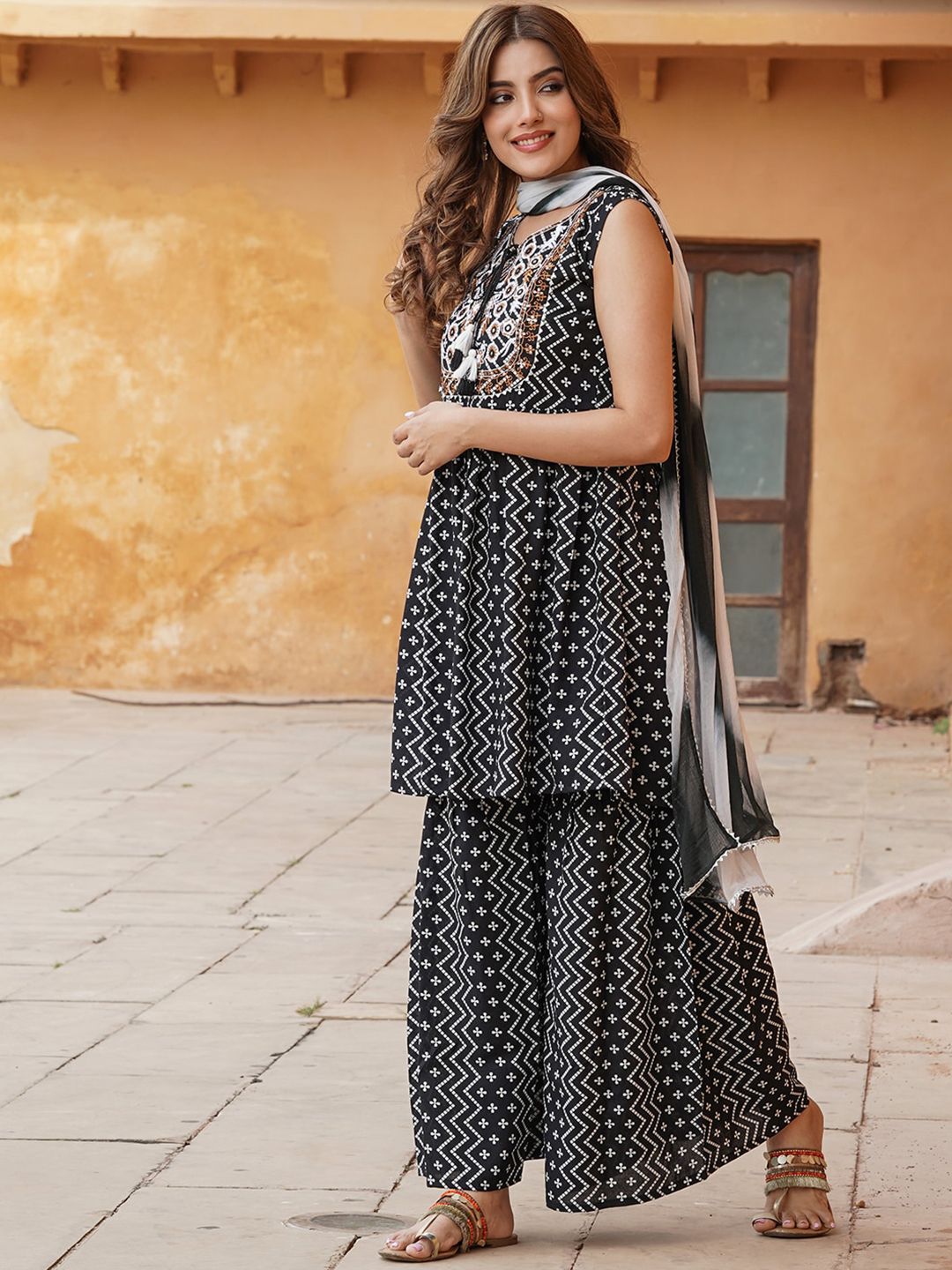 Ethnic Motifs Printed Thread Work Kurta with Sharara & Dupatta