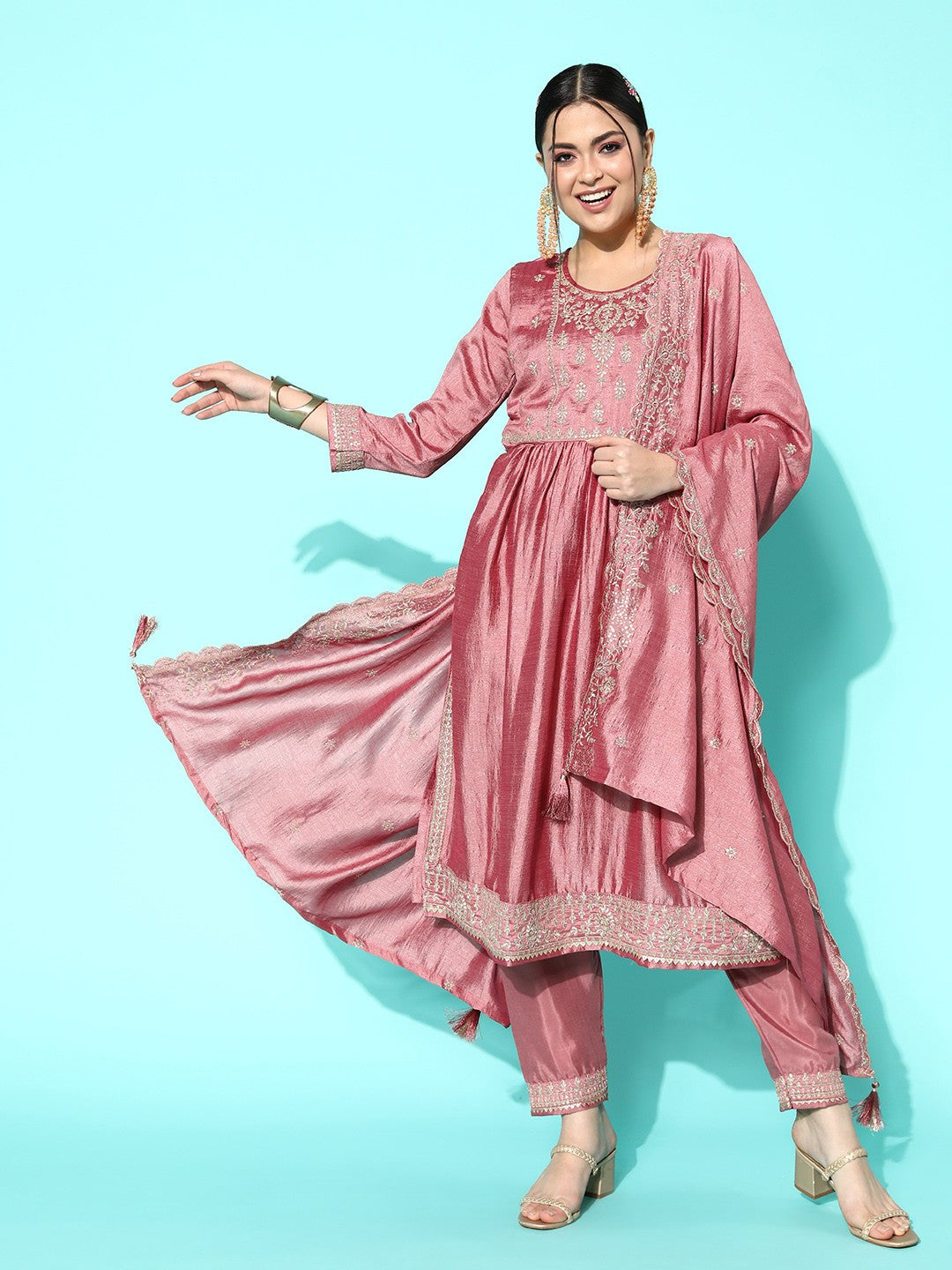 Women Pink Ethnic Motifs Embroidered Sequinned Kurta With Trousers & Dupatta