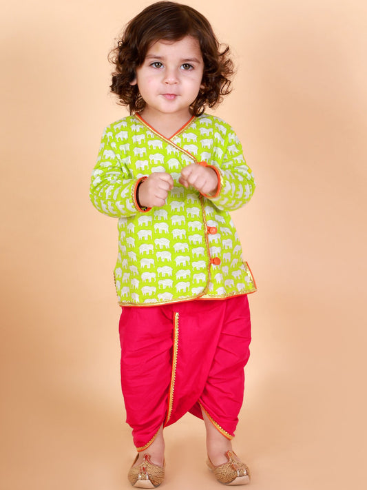 Boys Fluorescent Green Animal Printed Angrakha Pure Cotton Kurta with Dhoti Pants