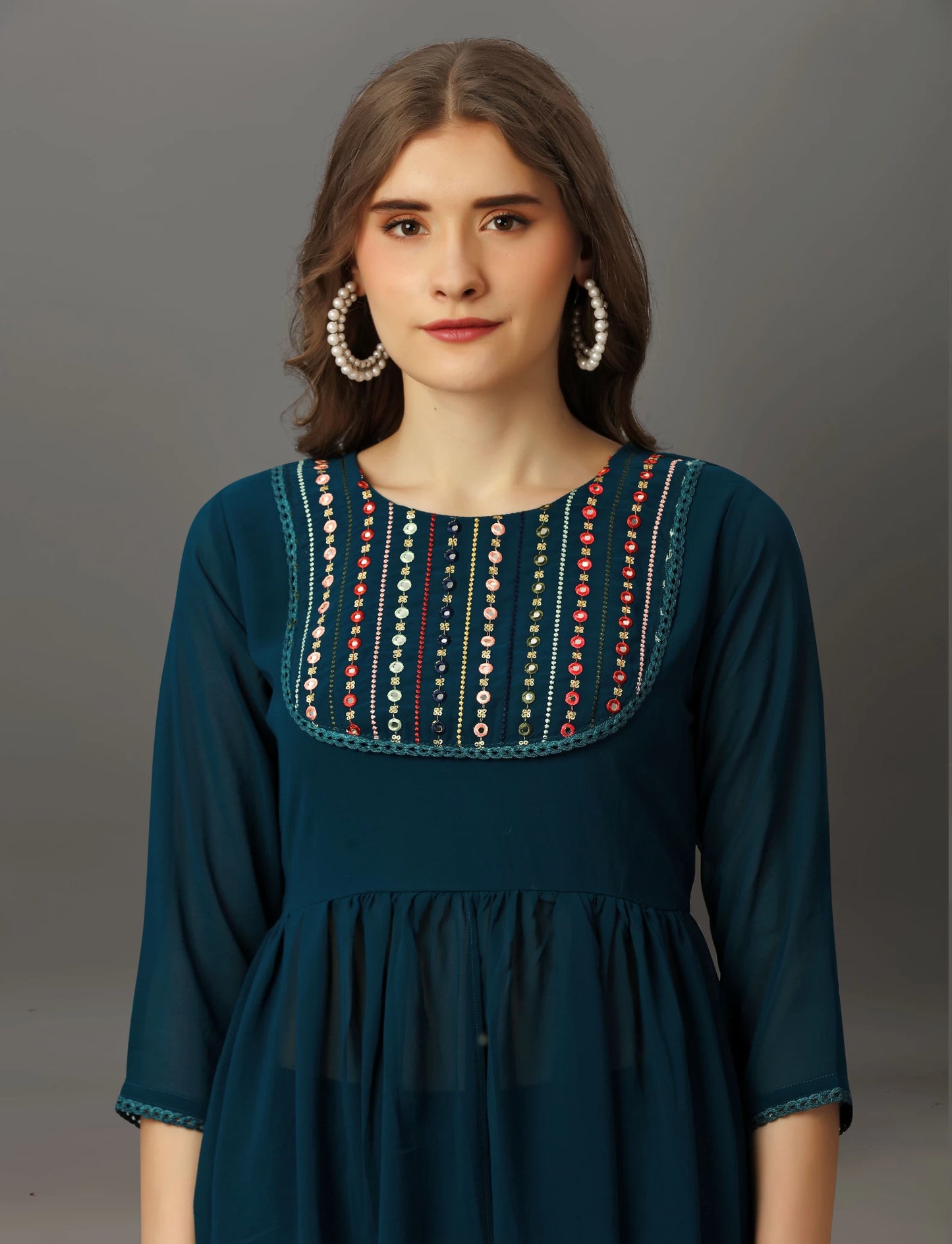 Women Teal Georgette Kurta Sharara Set