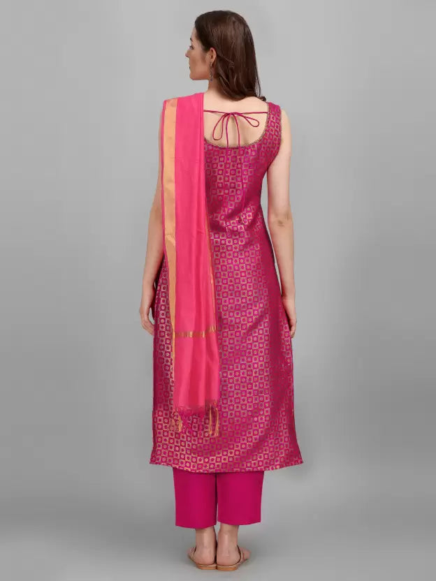 Women Pink Cotton Silk Kurta Pant Dupatta Set