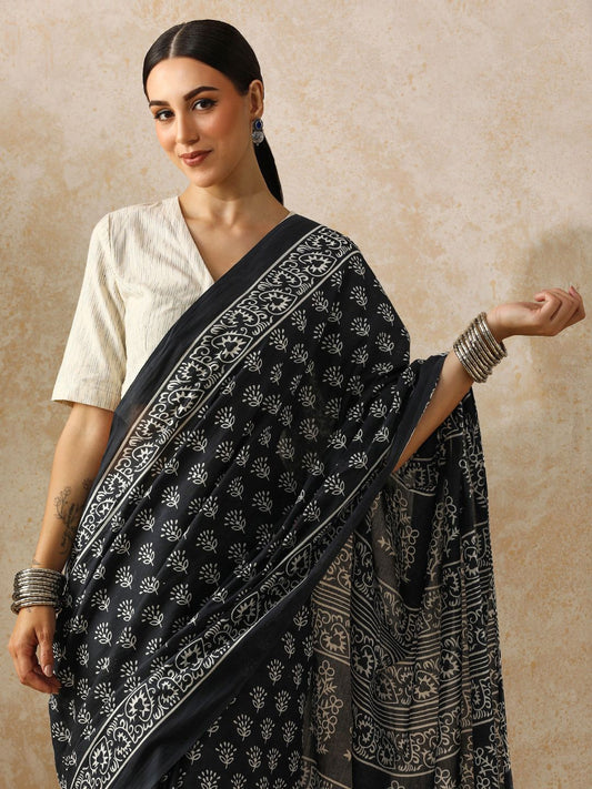 Floral Pure Cotton Bagru Saree with Unstiched Blouse