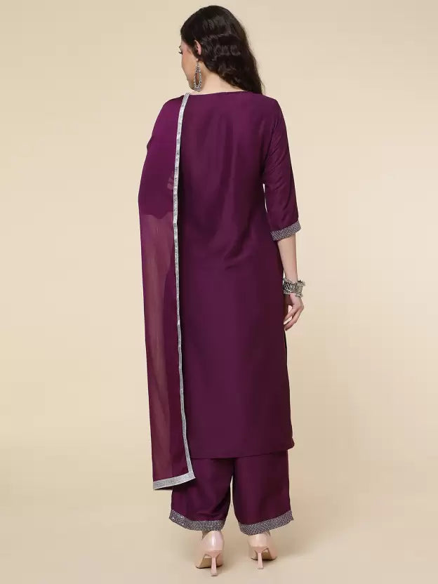 Women Purple Silk Blend Kurta Palazzo Dupatta Set