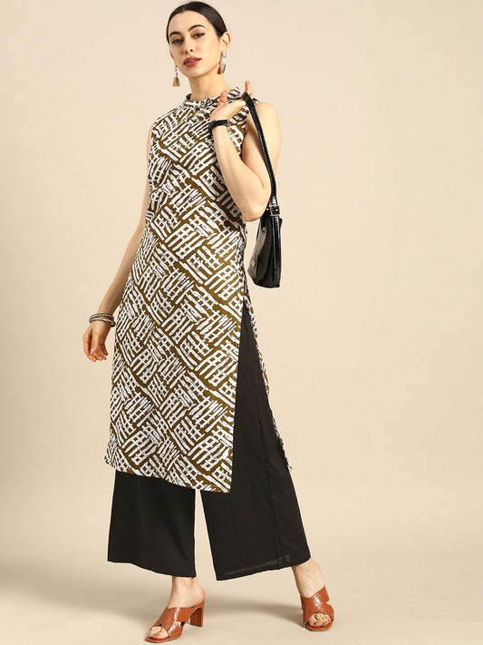 Women Brown And White Printed Keyhole-Neckline Pure Cotton Kurta with Palazzo