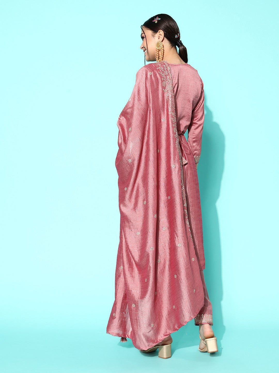 Women Pink Ethnic Motifs Embroidered Sequinned Kurta With Trousers & Dupatta