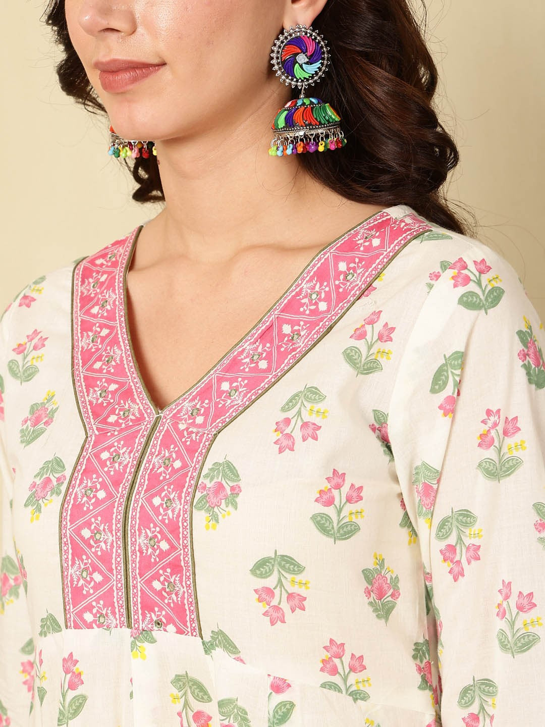 Floral Printed Layered Pure Cotton Kurta with Trousers & Dupatta