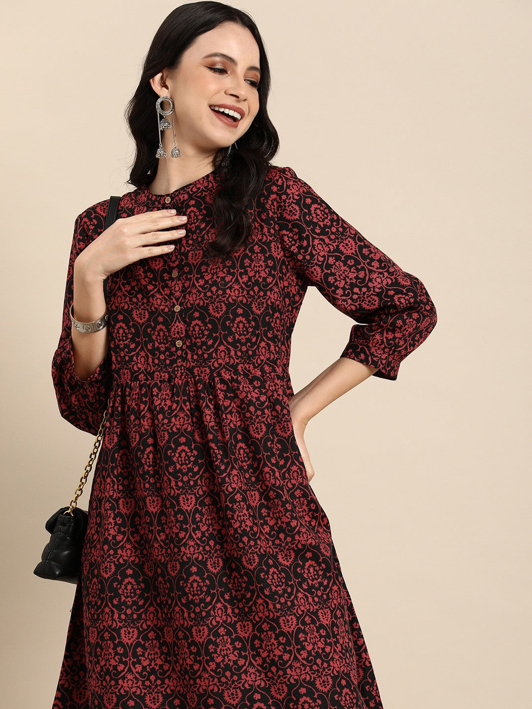 Ethnic Motifs Print Puff Sleeves A-Line Dress