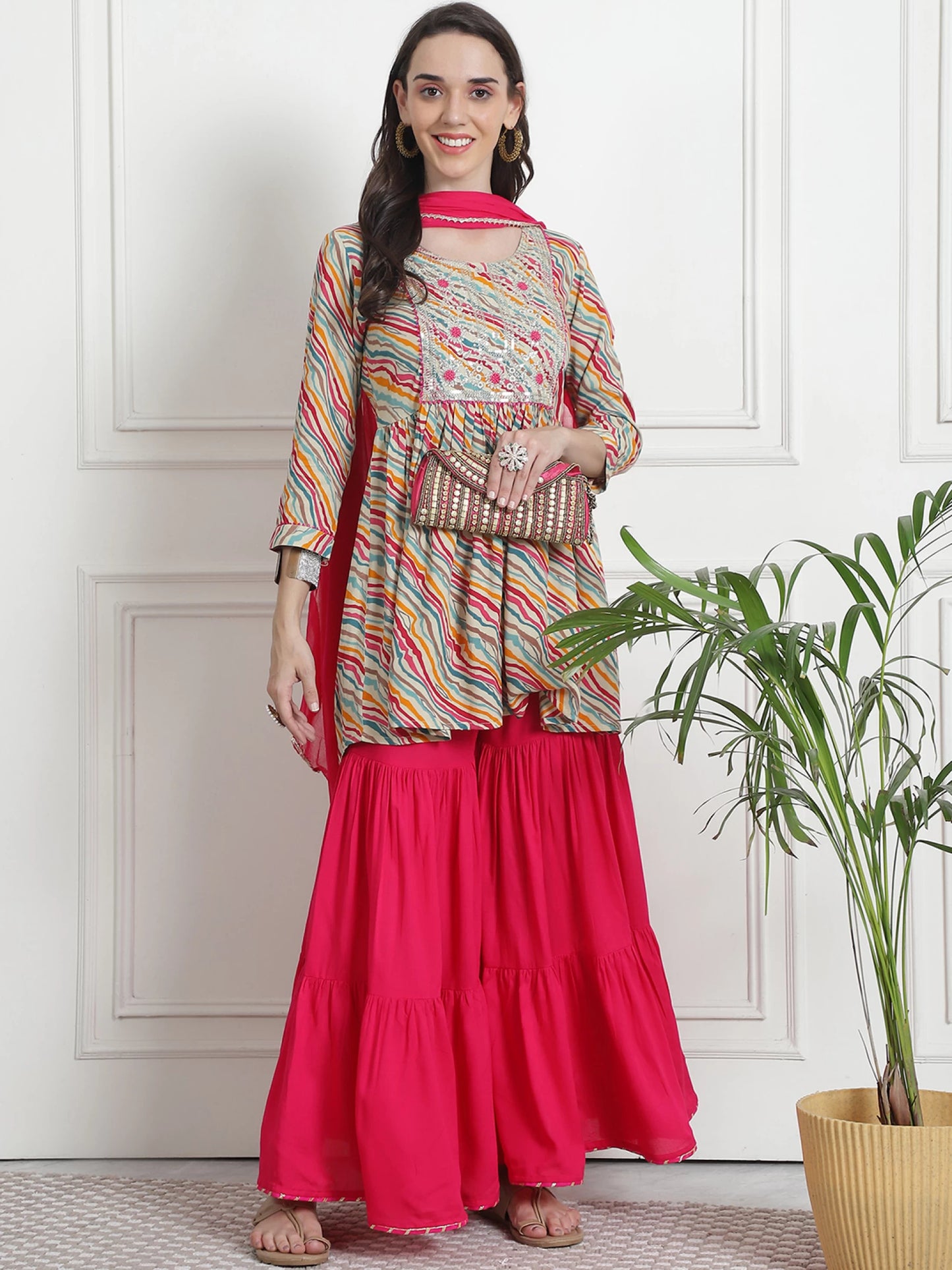 Women Viscose Rayon Kurta Sharara Dupatta Set