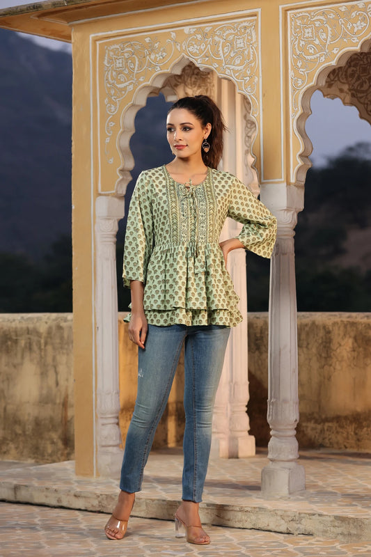 Casual Bell Sleeves Printed Women Light Green Top