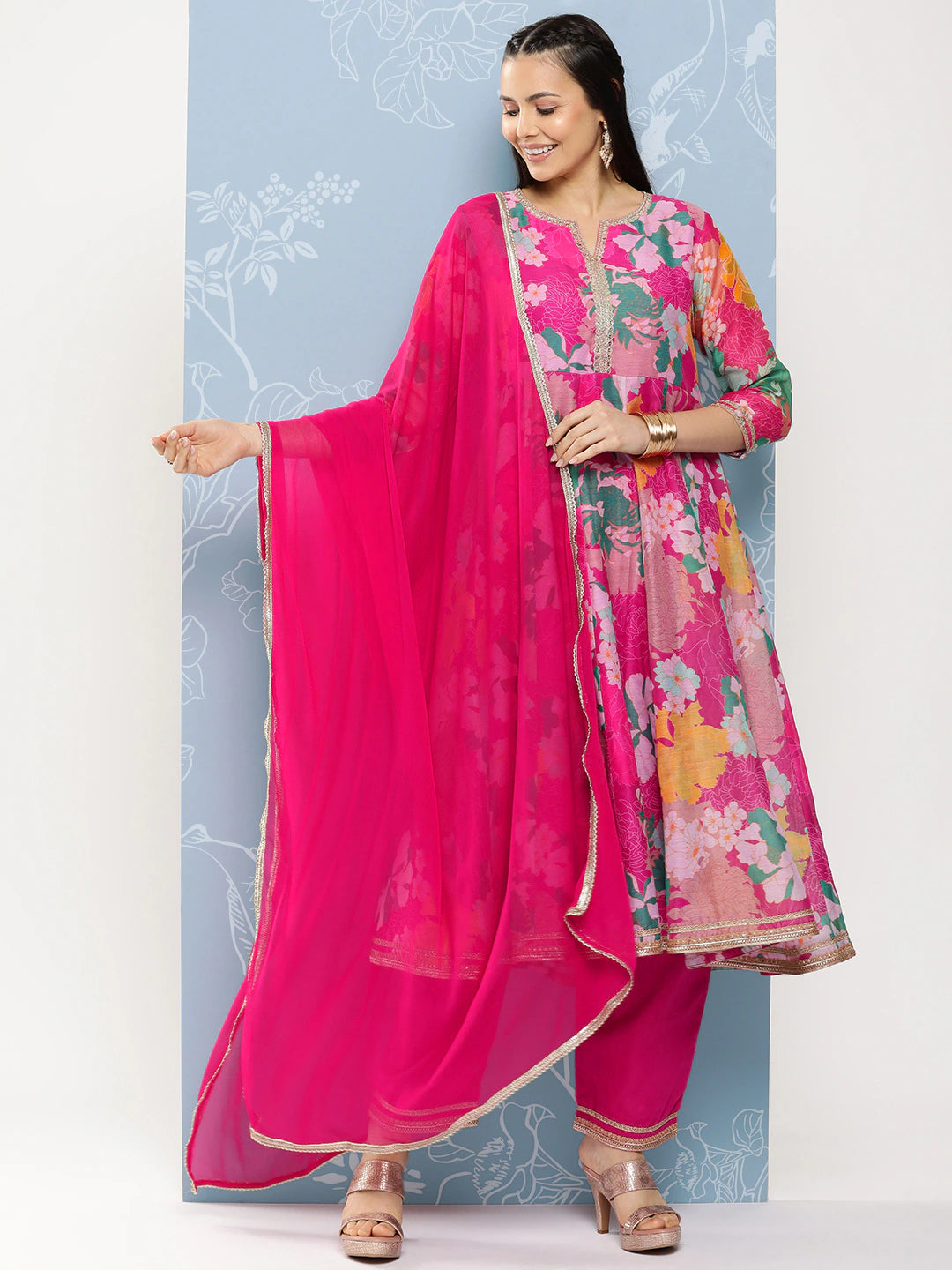 Floral Printed Regular Zardozi Kurta with Palazzos & With Dupatta