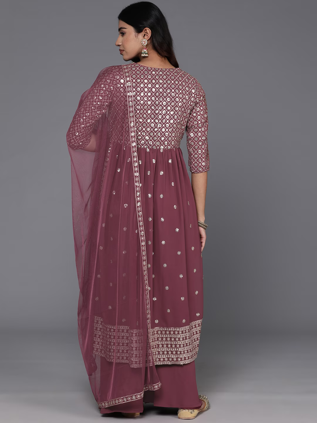 Women Floral Embroidered High Slit Sequinned Kurta with Palazzos & Dupatta