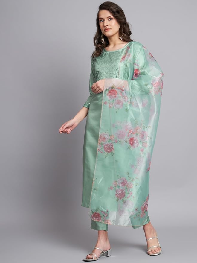Women's Silk Blend Embroidered Straight Kurta Pant Set with Organza Dupatta