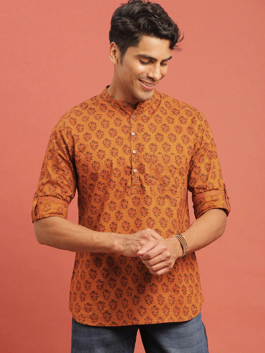 Men Mustard Orange & Green Bagru Printed Sustainable Straight Kurta with Roll-Up Sleeves