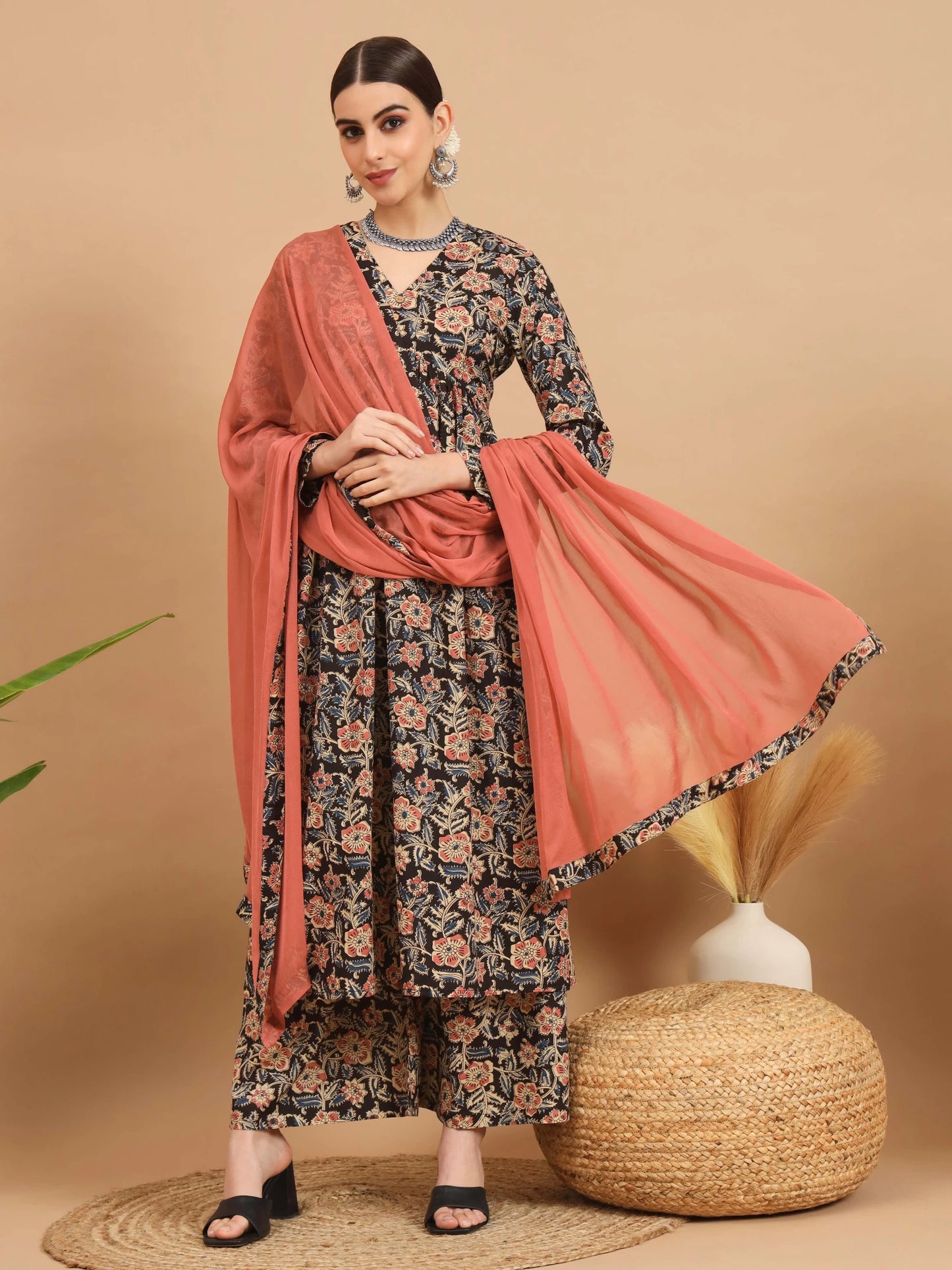 Women Pure Cotton Kurta Palazzo Dupatta Set