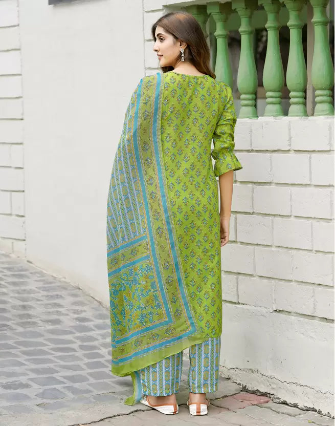 Women Green Viscose Rayon Kurta Pant Dupatta Set